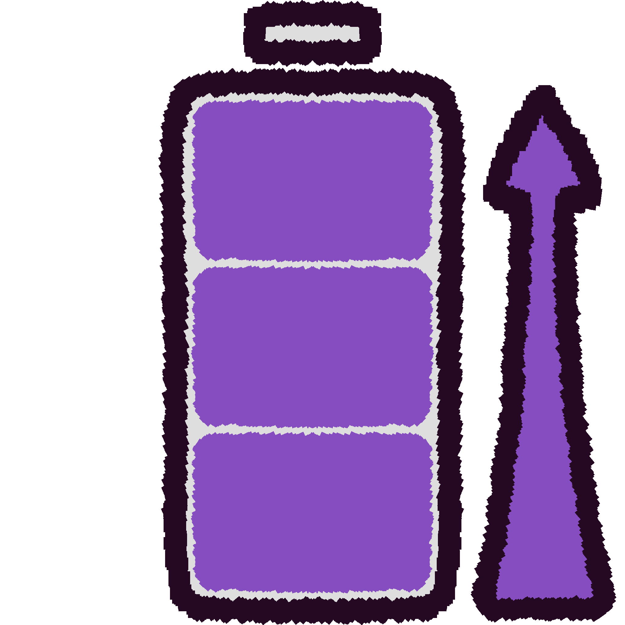 A drawing of a mostly transparent battery with 3 purple bars and a purple arrow on the side going up to the top.